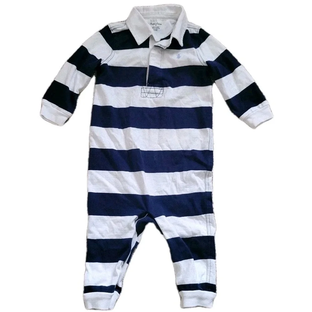 Ralph Lauren Baby Rugby Romper 9M Blue‎ White Striped Polo One Piece